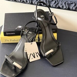 NWT Zara Black Kitten Heel with Silver Hardware